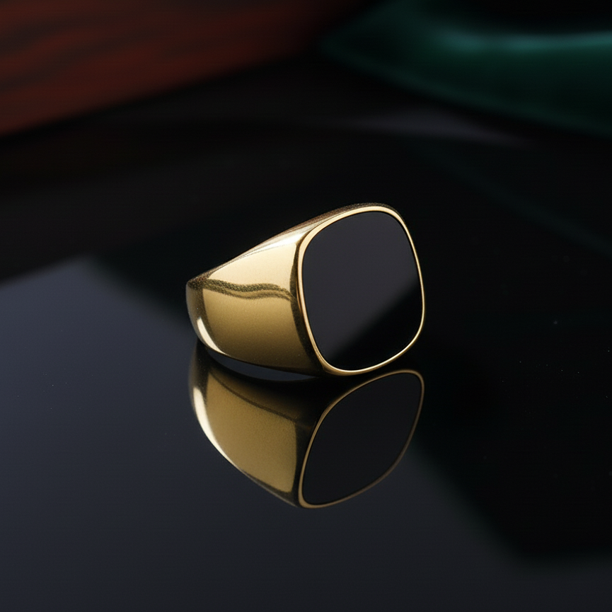 Everyday Sturdy Rounded Square-Anamel Golden Ring | 18K PVD Gold Plated– For Men | Includes: Ring
