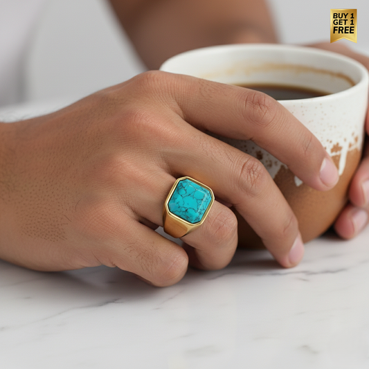 Everyday Sturdy Turquoise Golden STEEL Ring | 18K PVD Gold Plated– For Men | Includes: Ring