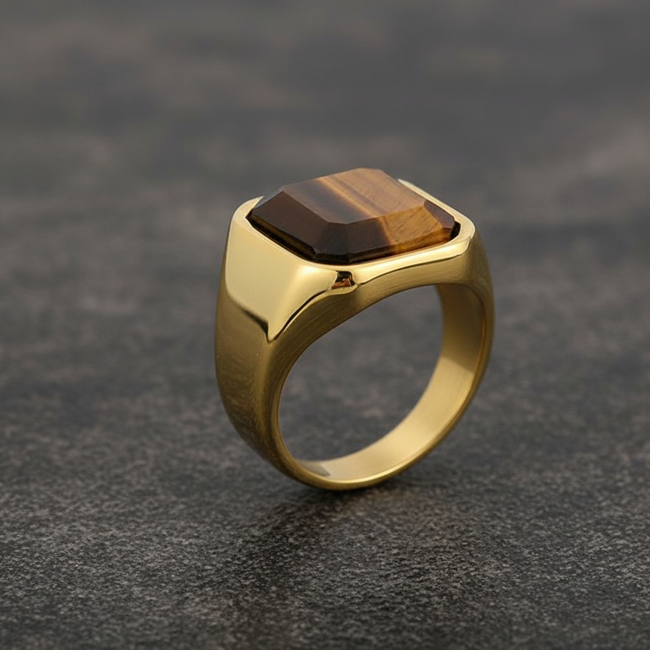 Everyday Sturdy Tiger Eye Golden STEEL Ring | 18K PVD Gold Plated– For Men | Includes: Ring