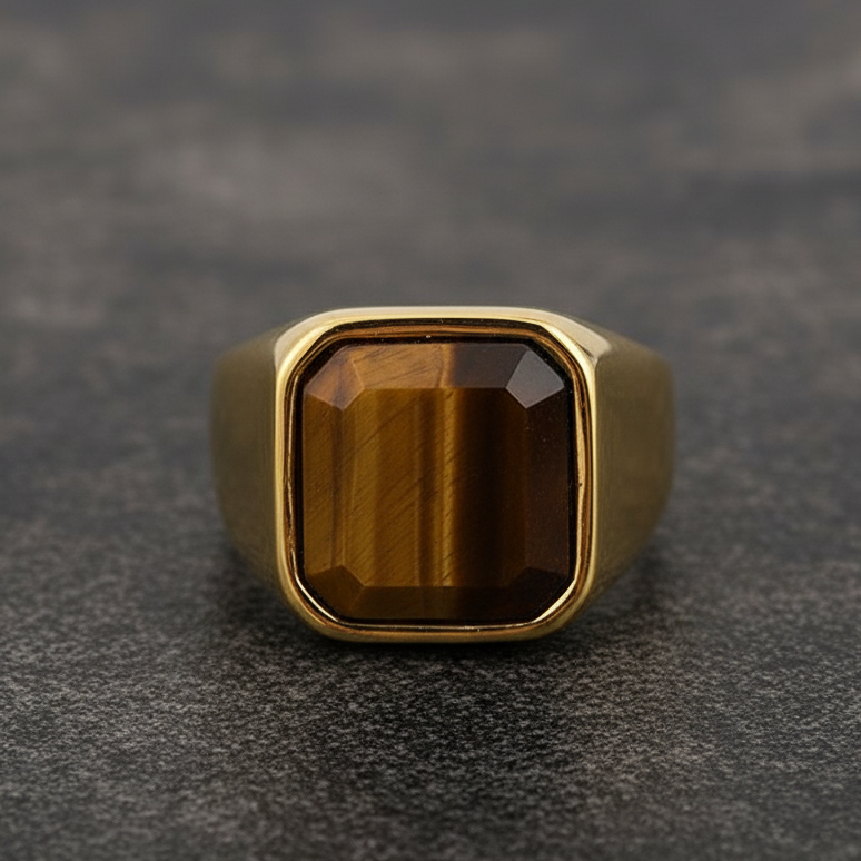 Everyday Sturdy Tiger Eye Golden STEEL Ring | 18K PVD Gold Plated– For Men | Includes: Ring