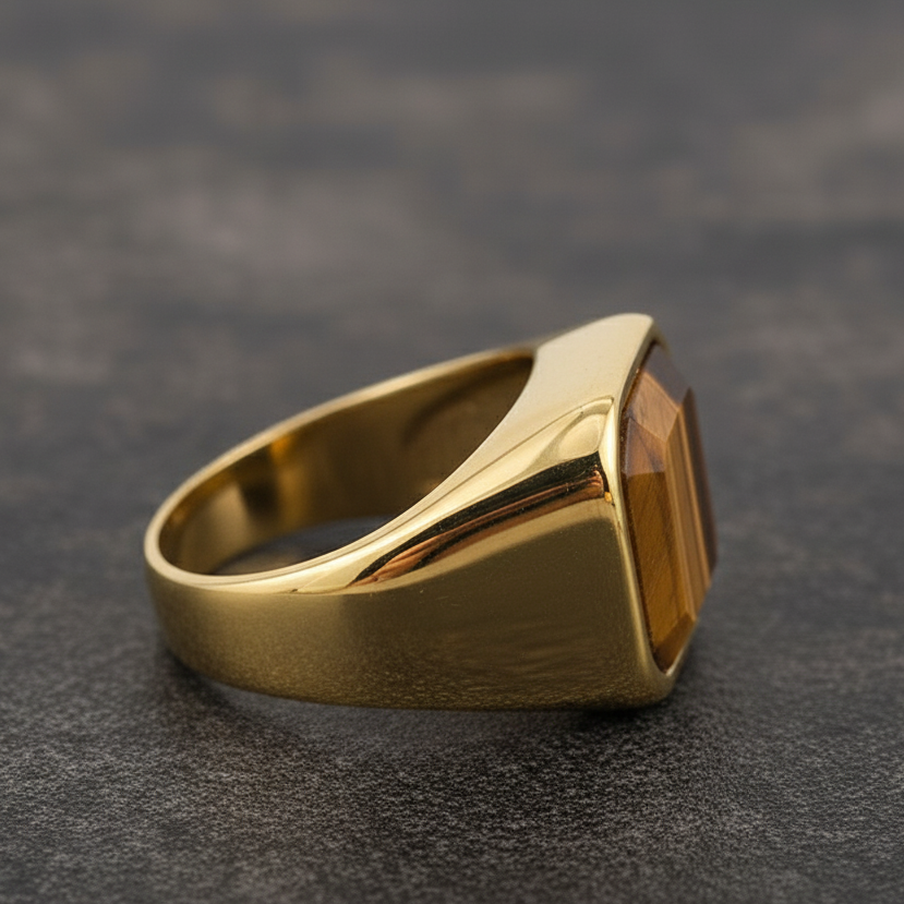 Everyday Sturdy Tiger Eye Golden STEEL Ring | 18K PVD Gold Plated– For Men | Includes: Ring