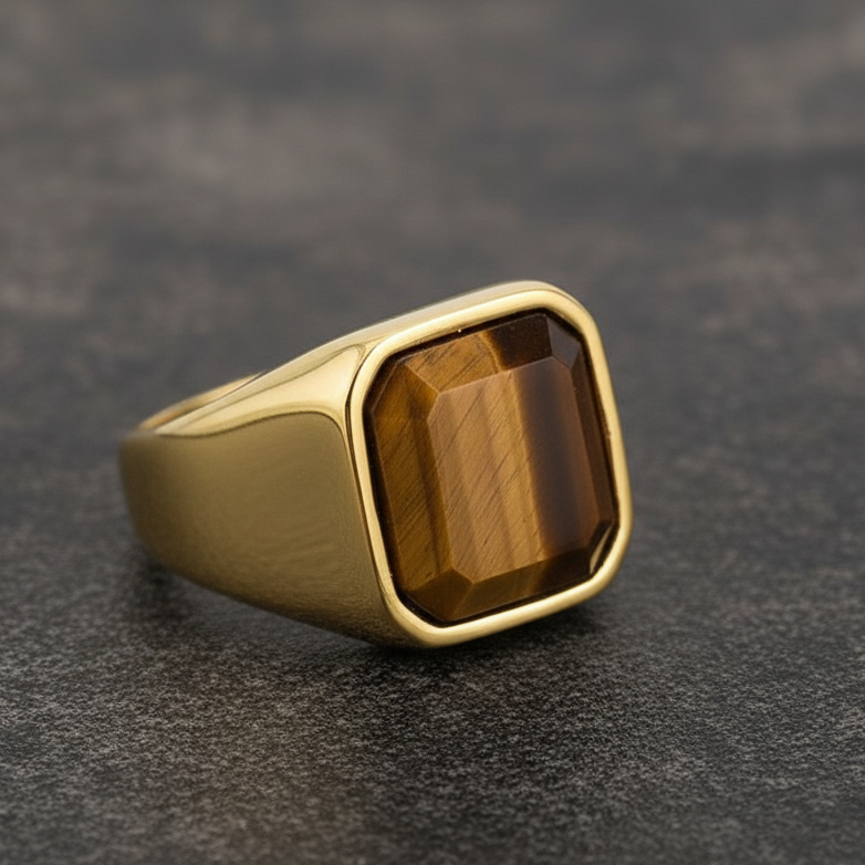 Everyday Sturdy Tiger Eye Golden STEEL Ring | 18K PVD Gold Plated– For Men | Includes: Ring