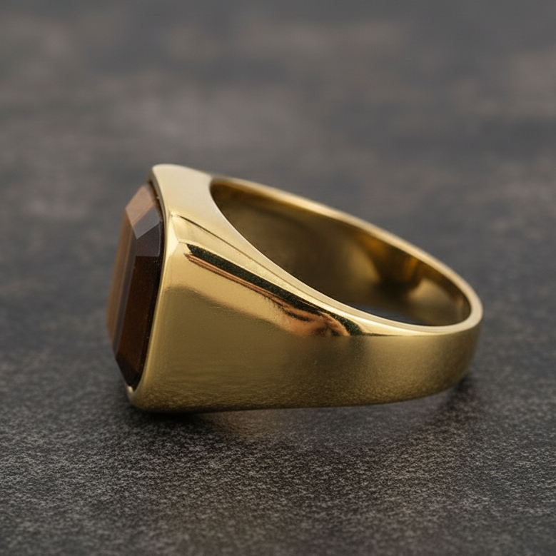 Everyday Sturdy Tiger Eye Golden STEEL Ring | 18K PVD Gold Plated– For Men | Includes: Ring