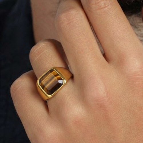 Everyday Sturdy Tiger Eye Golden STEEL Ring | 18K PVD Gold Plated– For Men | Includes: Ring