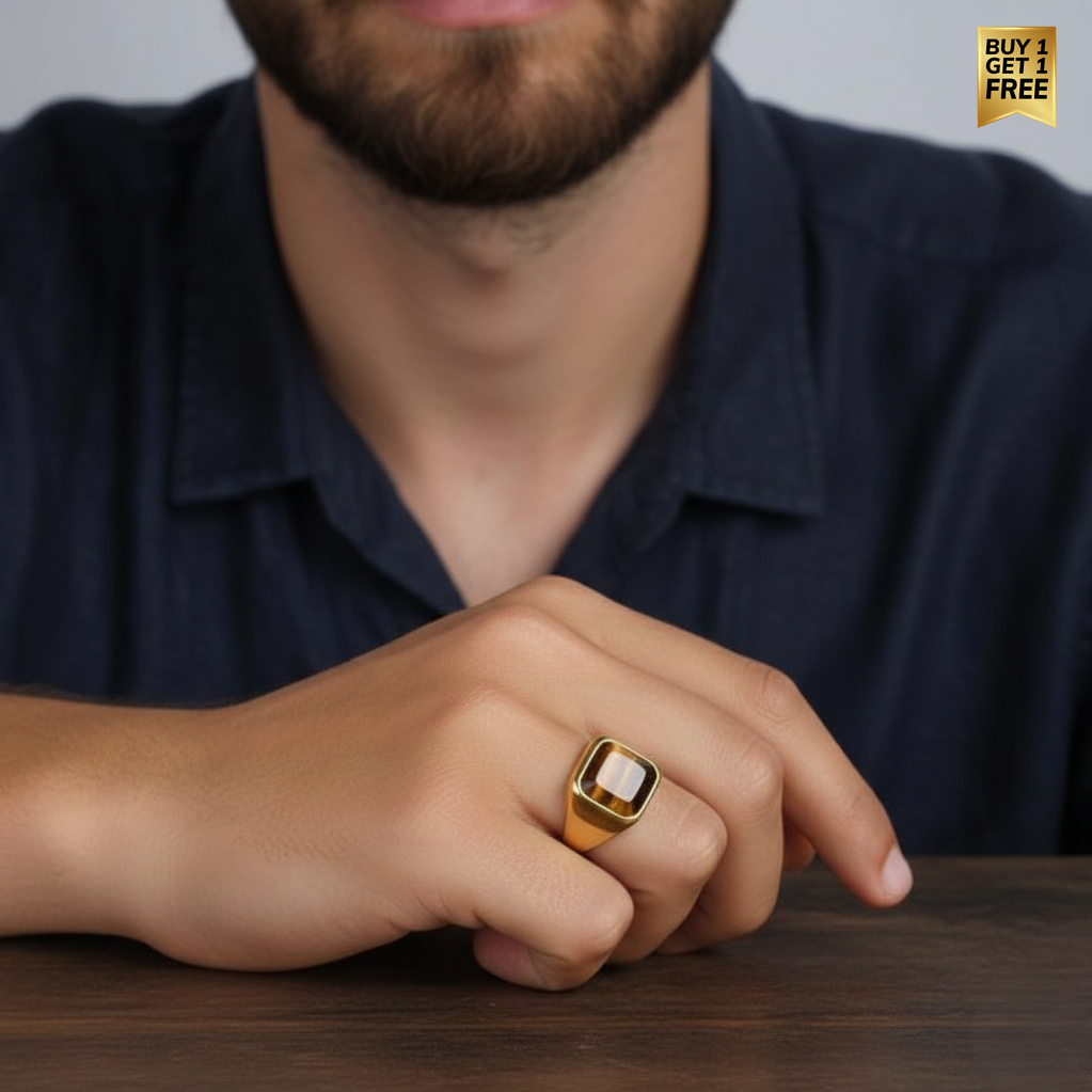 Everyday Sturdy Tiger Eye Golden STEEL Ring | 18K PVD Gold Plated– For Men | Includes: Ring