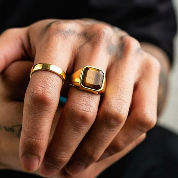 Everyday Sturdy Tiger Eye Golden STEEL Ring | 18K PVD Gold Plated– For Men | Includes: Ring