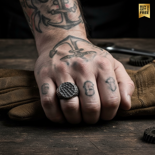 Hammered Rugged Oxidised Steel Ring | 18K PVD Plated– For Men | Includes: Ring