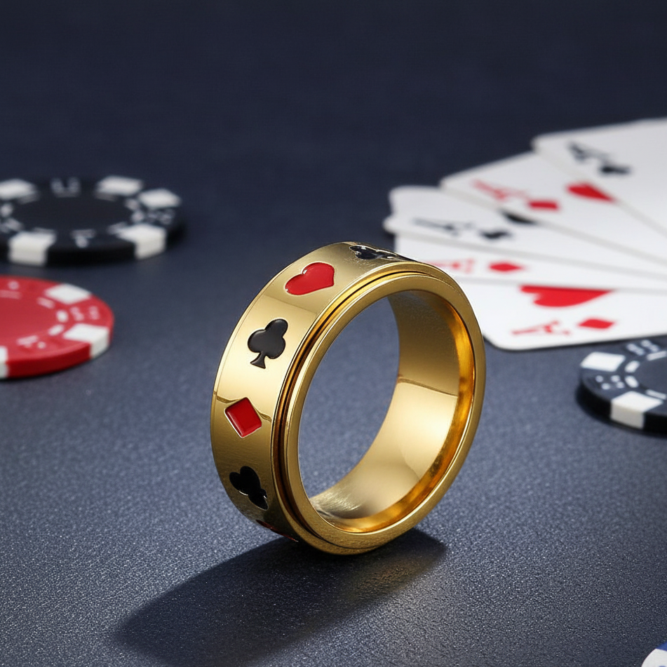 Rotating Golden Cards REAL Steel Ring | 18K PVD Plated– For Men | Includes: Ring