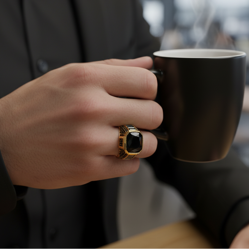 Golden Pyramid Zircon Ring | Premium Alloy– For Men | Includes: Ring