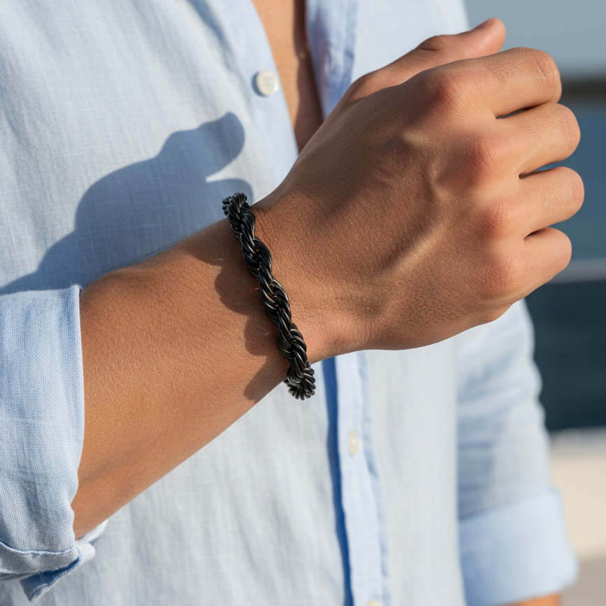 Ultra Bold Solid Black Everyday Rope Chain Bracelet | TITANIUM STEEL - For Men | Includes: Bracelet