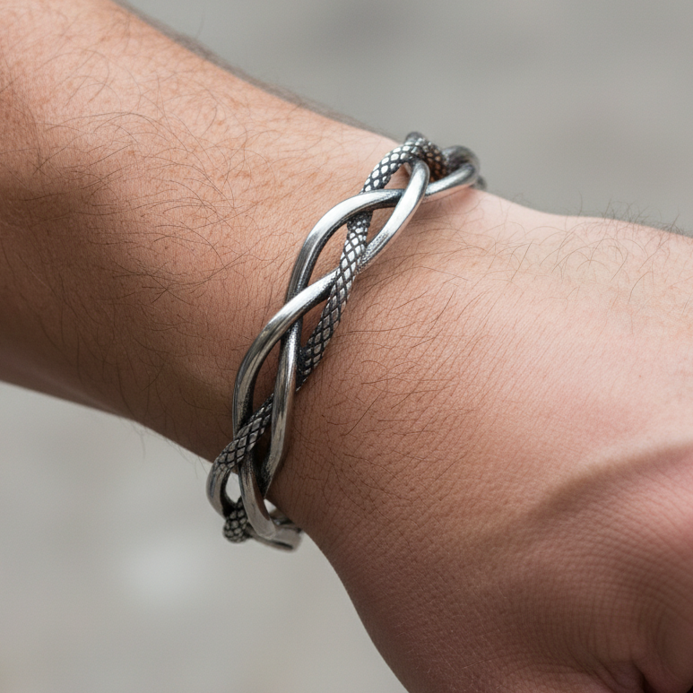 Snakey Intertwinned Bold Cuff Bracelet | TITANIUM STEEL - For Men | Includes: Bracelet