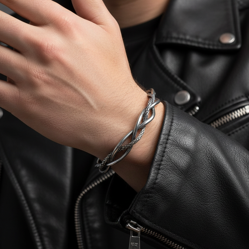 Snakey Intertwinned Bold Cuff Bracelet | TITANIUM STEEL - For Men | Includes: Bracelet