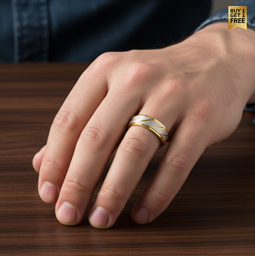 Textured Titanium Steel Golden Ring | 18K Real Gold PVD Plated– For Men | Includes: Ring