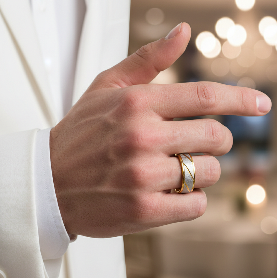 Textured Titanium Steel Golden Ring | 18K Real Gold PVD Plated– For Men | Includes: Ring