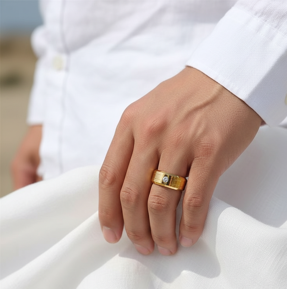 Solitire Mini Zircon Titanium Steel Golden Ring | 18K Real Gold PVD Plated– For Men | Includes: Ring