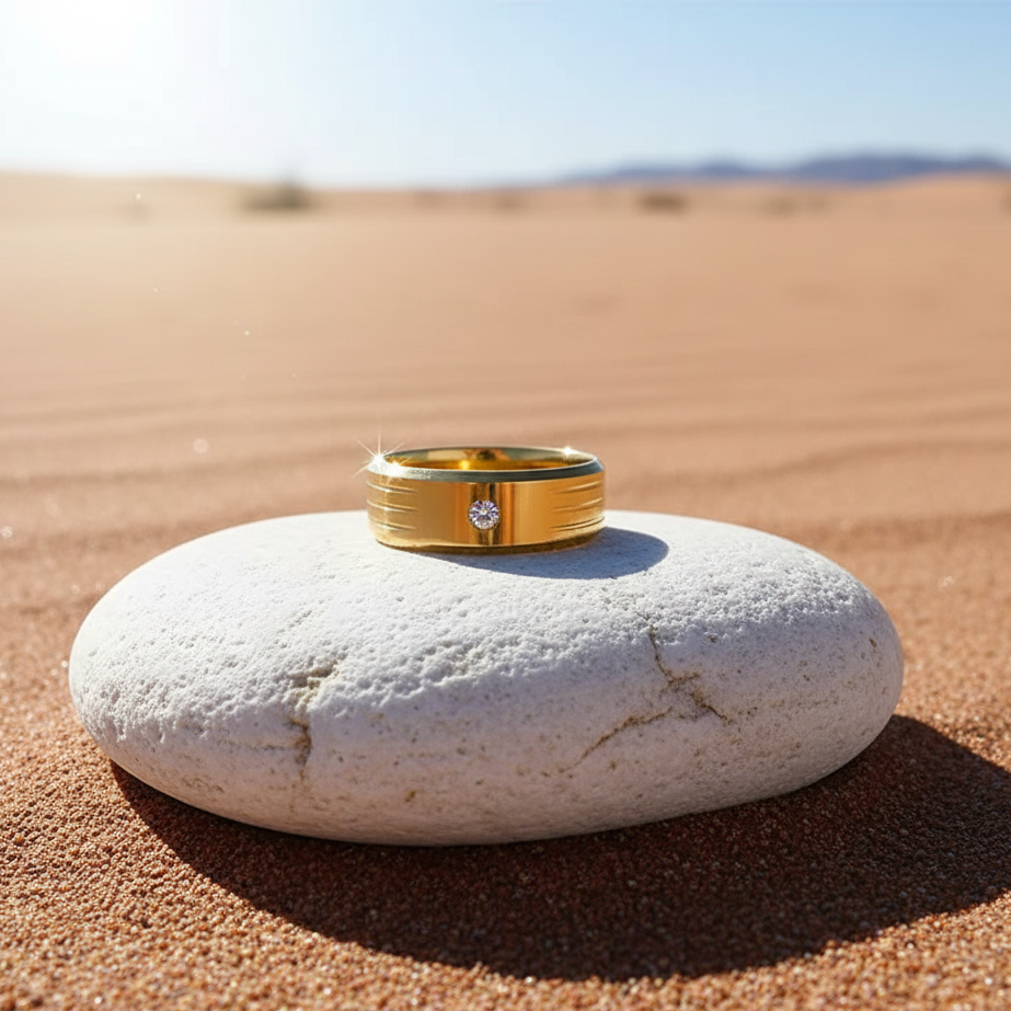 Solitire Mini Zircon Titanium Steel Golden Ring | 18K Real Gold PVD Plated– For Men | Includes: Ring