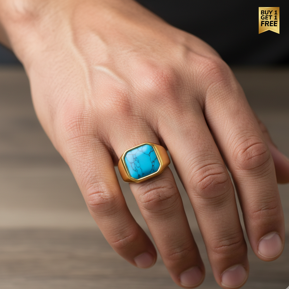 Turquoise Stone Titanium Steel Golden Ring | 18K Real Gold PVD Plated– For Men | Includes: Ring