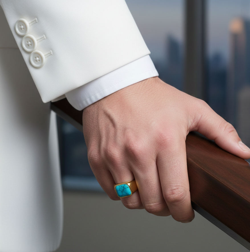 Turquoise Stone Titanium Steel Golden Ring | 18K Real Gold PVD Plated– For Men | Includes: Ring