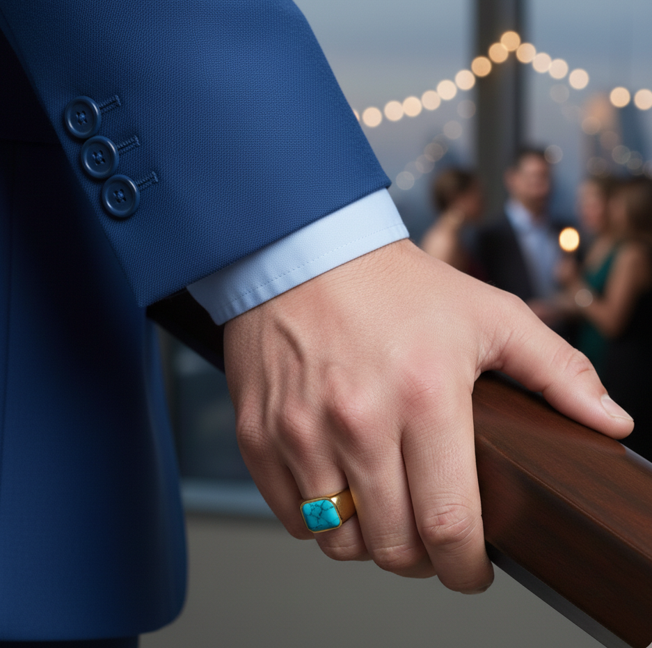 Turquoise Stone Titanium Steel Golden Ring | 18K Real Gold PVD Plated– For Men | Includes: Ring