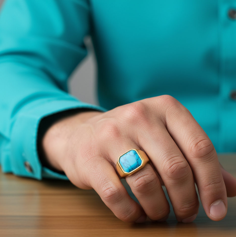Turquoise Stone Titanium Steel Golden Ring | 18K Real Gold PVD Plated– For Men | Includes: Ring