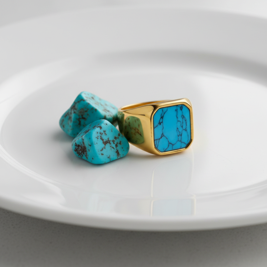 Turquoise Stone Titanium Steel Golden Ring | 18K Real Gold PVD Plated– For Men | Includes: Ring