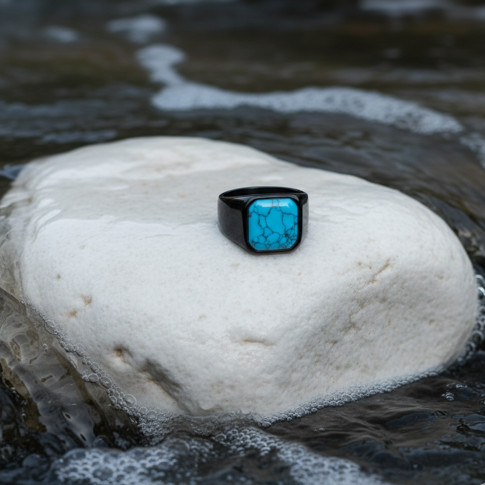 Turquoise Stone Titanium Steel Black Ring | PVD Plated– For Men | Includes: Ring