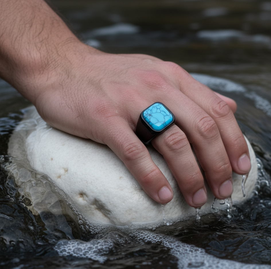 Turquoise Stone Titanium Steel Black Ring | PVD Plated– For Men | Includes: Ring