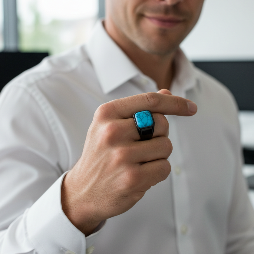 Turquoise Stone Titanium Steel Black Ring | PVD Plated– For Men | Includes: Ring