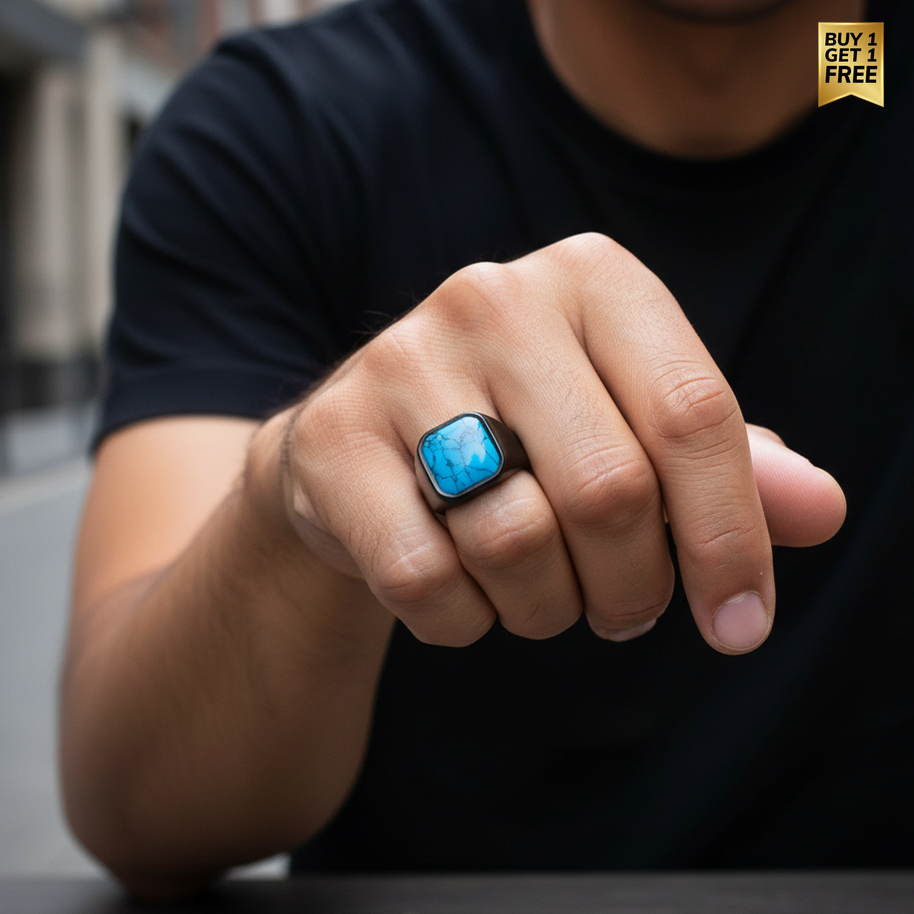 Turquoise Stone Titanium Steel Black Ring | PVD Plated– For Men | Includes: Ring