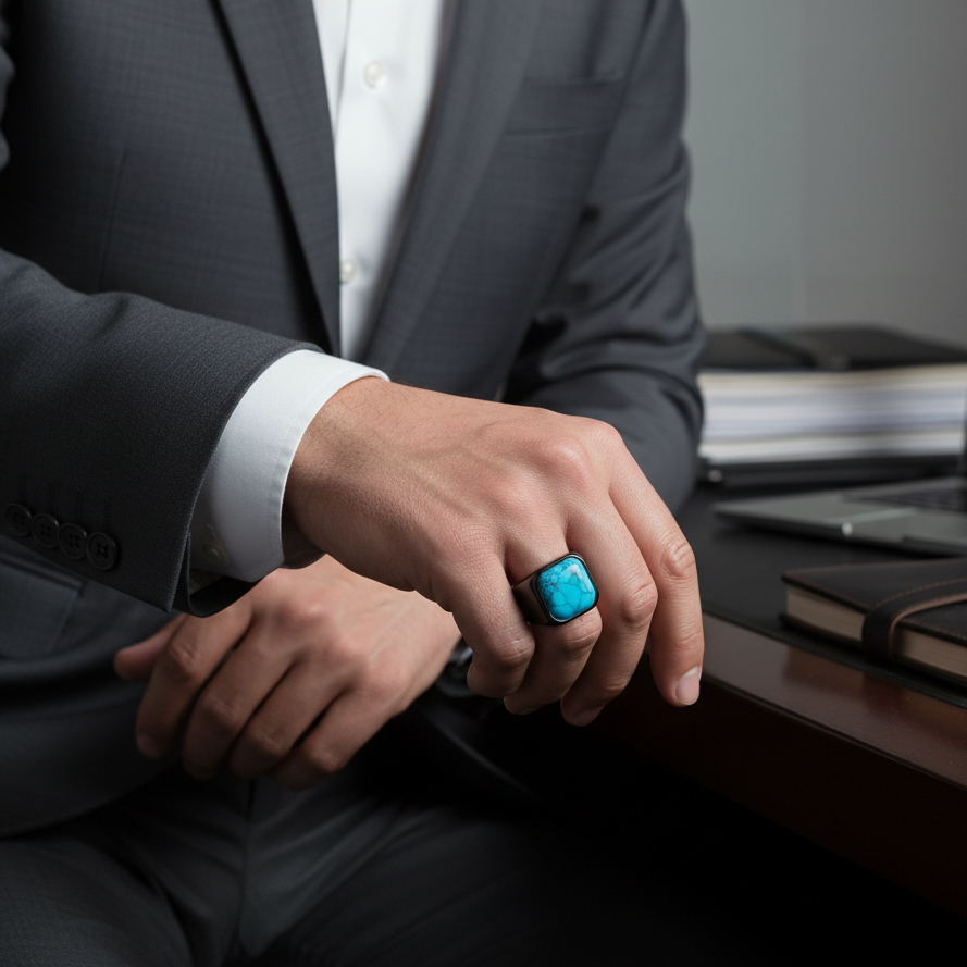 Turquoise Stone Titanium Steel Black Ring | PVD Plated– For Men | Includes: Ring