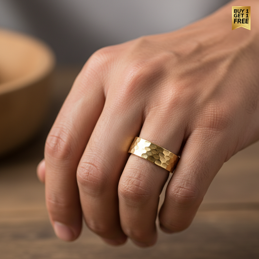 Hammered Titanium Steel Golden Ring | 18K Real Gold PVD Plated– For Men | Includes: Ring