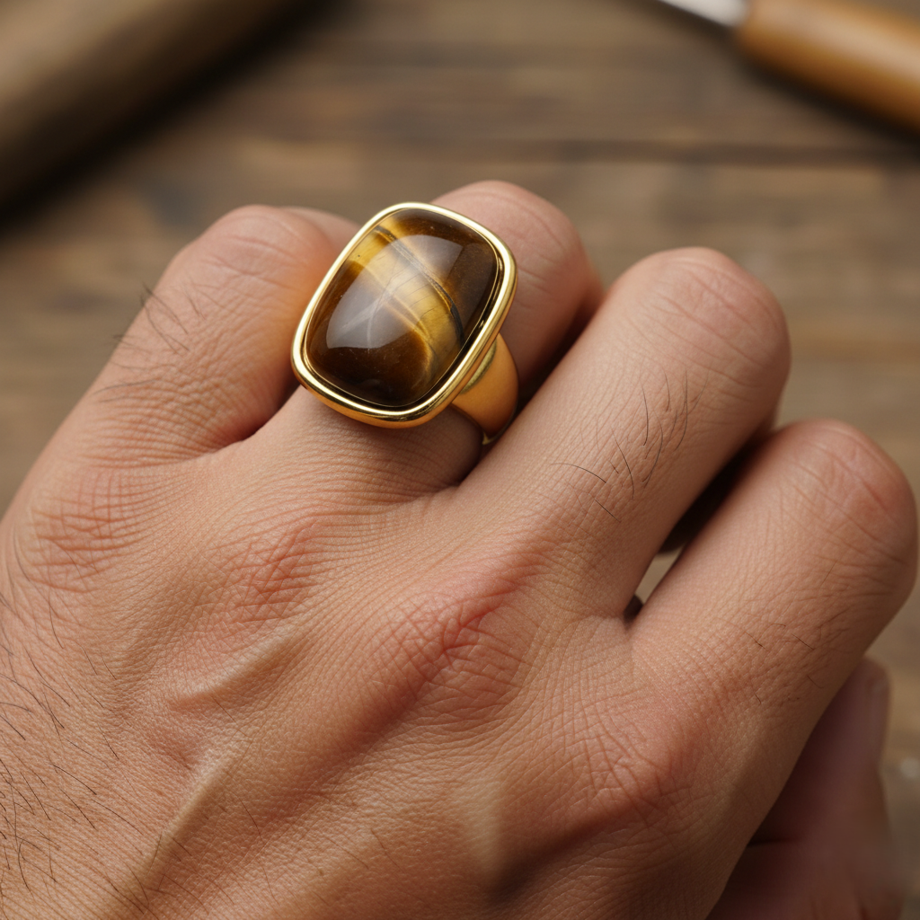 Ultra Bold Natural Cat's Eye Stone Golden Ring | 18K Real Gold PVD Plated– For Men | Includes: Ring