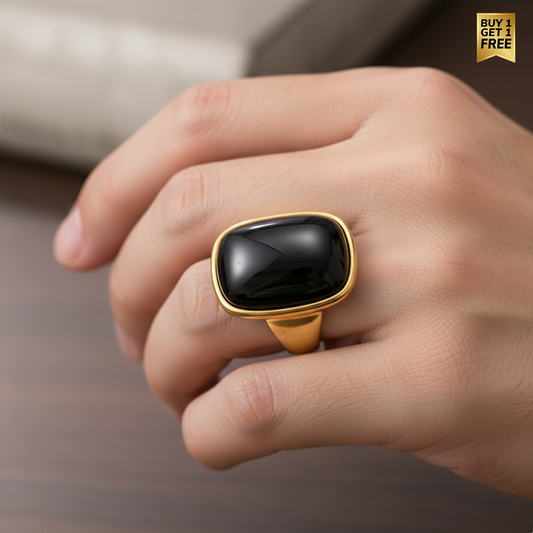 Ultra Bold Natural Black Agate Stone Golden Ring | 18K Real Gold PVD Plated– For Men | Includes: Ring