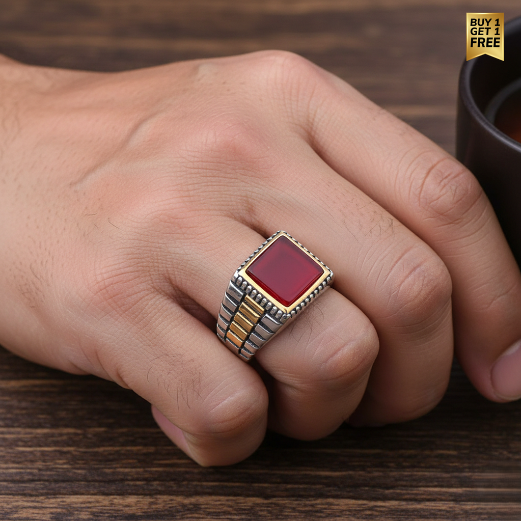 Natural Red Onyx Stone Pyramid Ring | TITANIUM STEEL– For Men | Includes: Ring