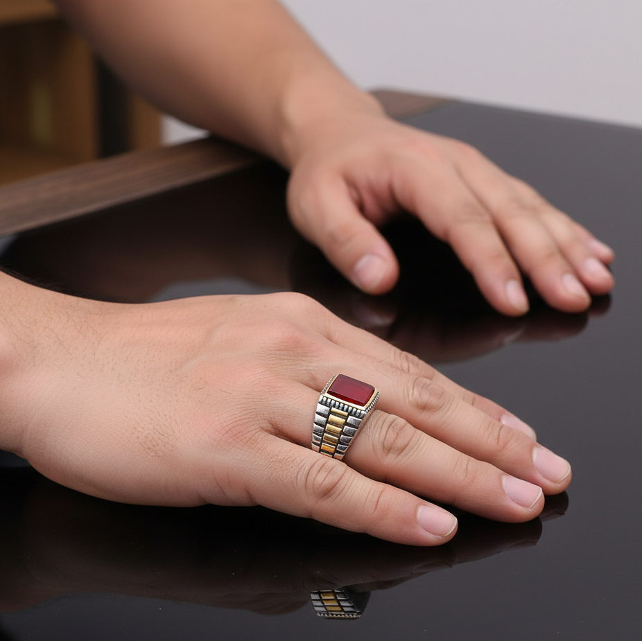 Natural Red Onyx Stone Pyramid Ring | TITANIUM STEEL– For Men | Includes: Ring