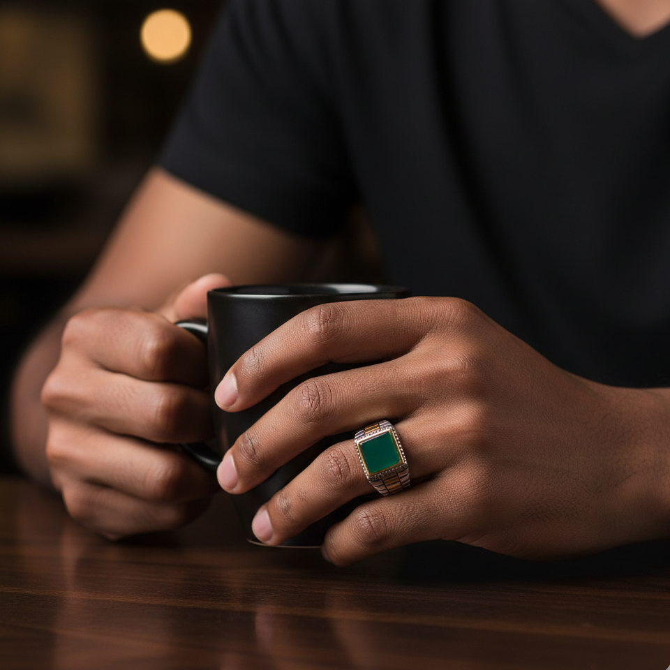 Natural Green Aventurine Stone Pyramid Ring | TITANIUM STEEL– For Men | Includes: Ring