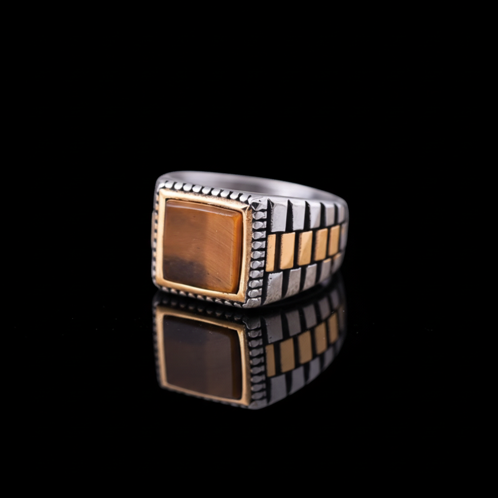Natural Tiger Eye Stone Pyramid Ring | TITANIUM STEEL– For Men | Includes: Ring