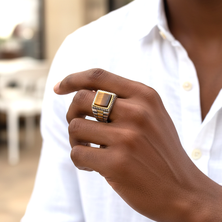 Natural Tiger Eye Stone Pyramid Ring | TITANIUM STEEL– For Men | Includes: Ring