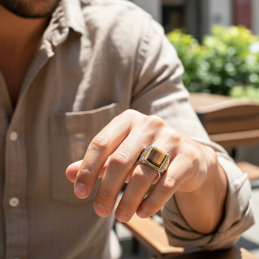 Natural Tiger Eye Stone Pyramid Ring | TITANIUM STEEL– For Men | Includes: Ring
