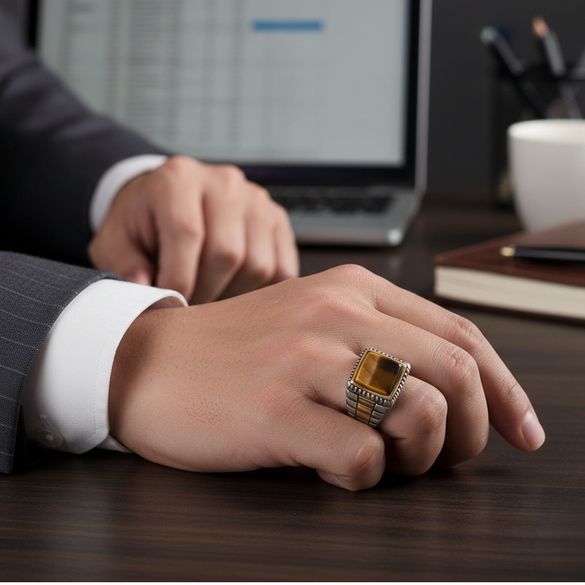 Natural Tiger Eye Stone Pyramid Ring | TITANIUM STEEL– For Men | Includes: Ring