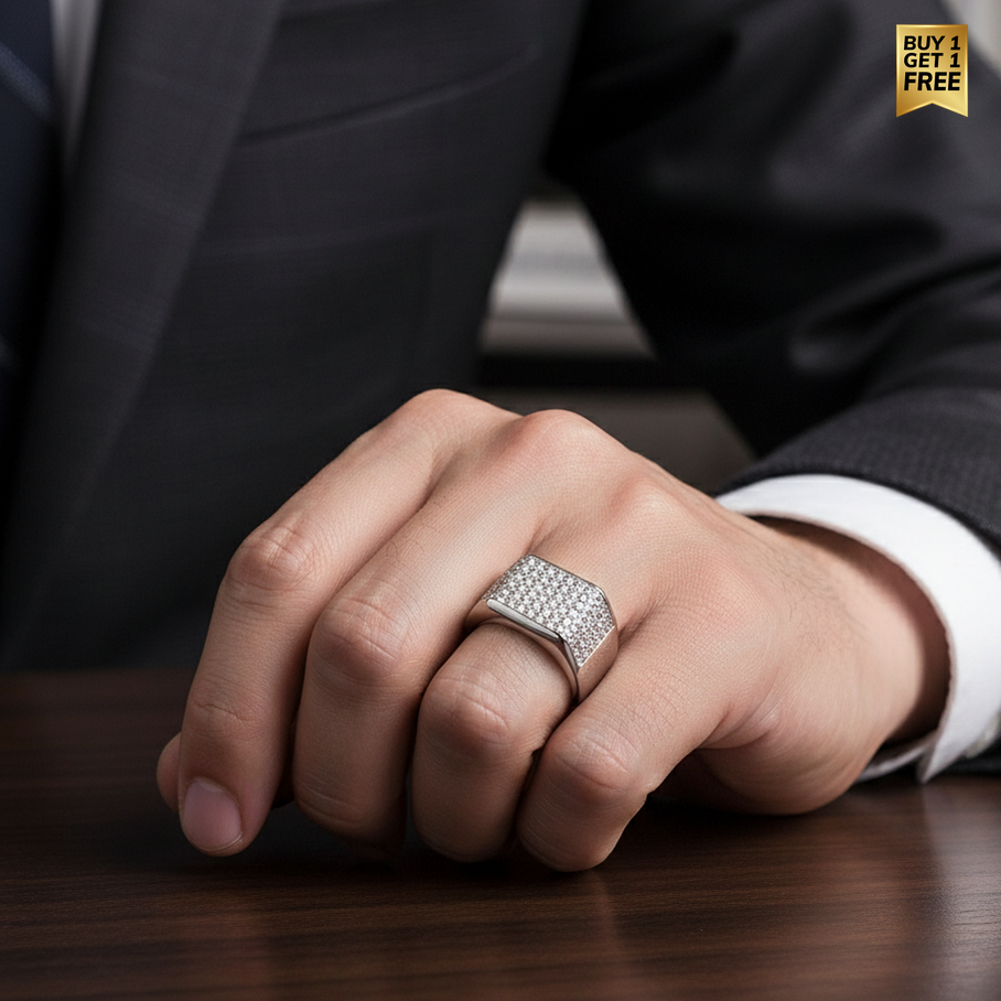 Ultra Luxury Multi-Zircon Silverish Titanium Ring | PVD Plated– For Men | Includes: Ring