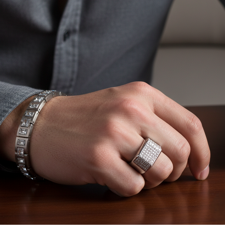 Ultra Luxury Multi-Zircon Silverish Titanium Ring | PVD Plated– For Men | Includes: Ring