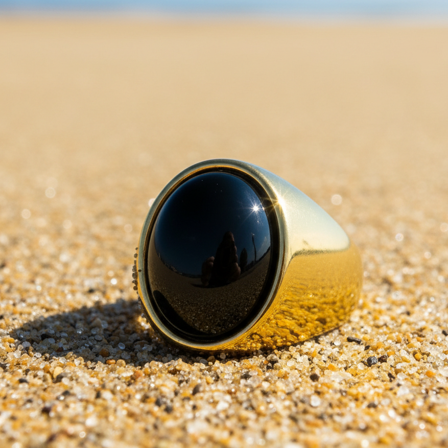 Natural BOLD Black Onyx Stone Golden Ring | 18K Real Gold PVD Plated– For Men | Includes: Ring