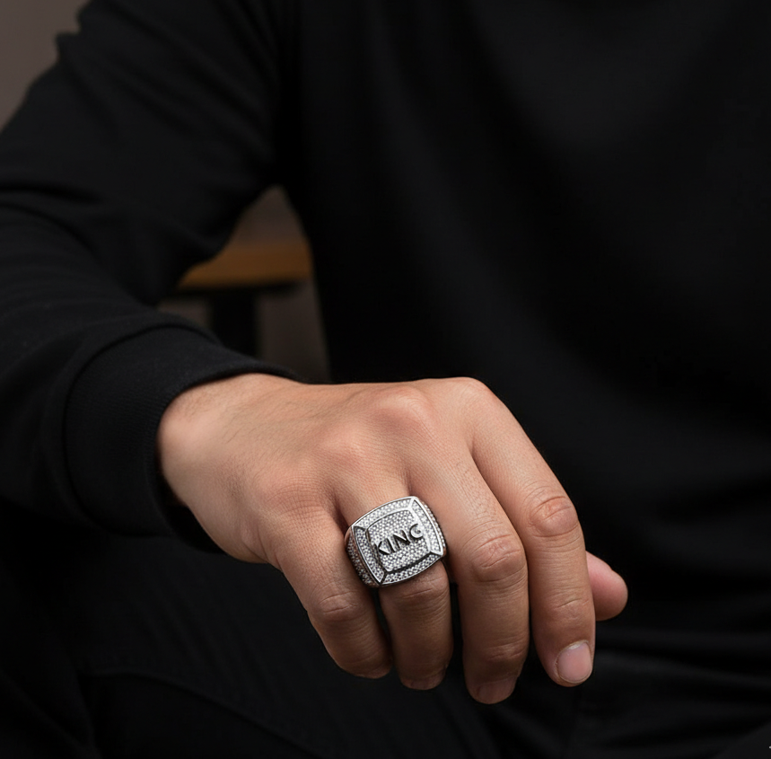 Real STEEL Multi Micro Zircon Fadeproof KING Ring | PVD Plated STEEL– For Men | Includes: Ring