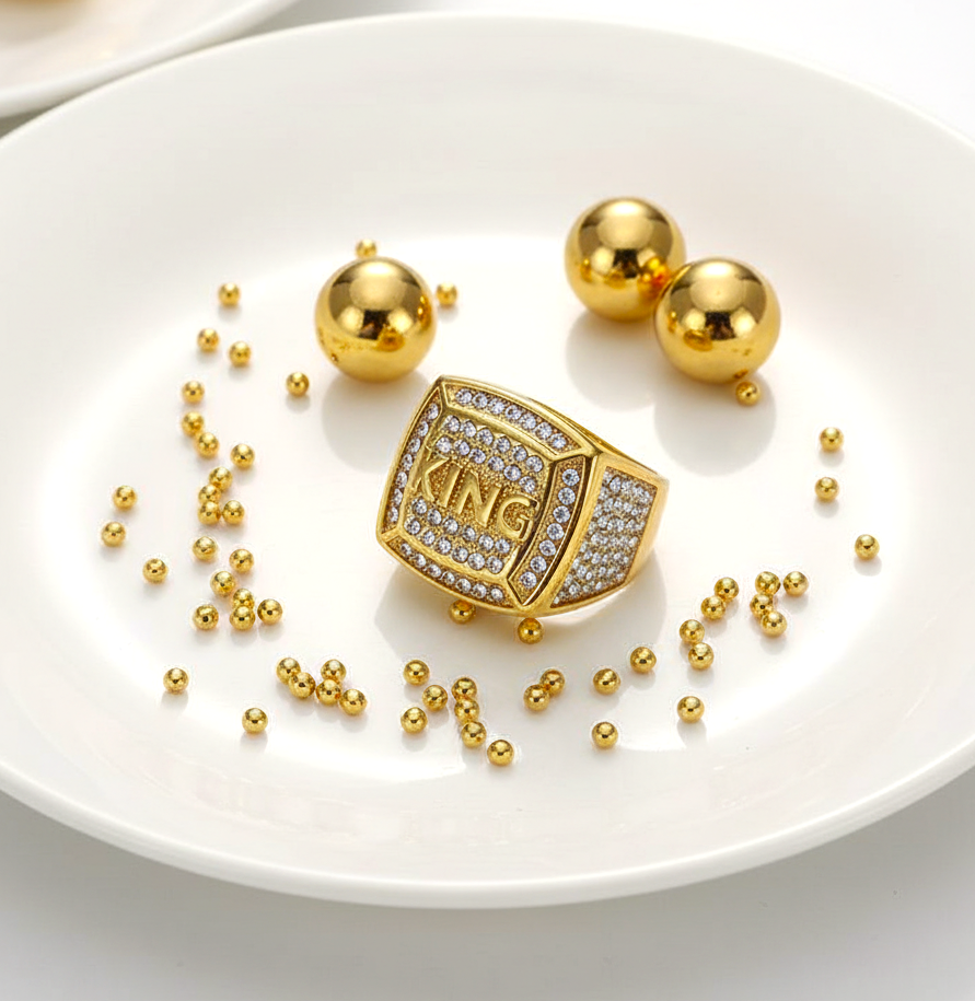 Real Golden Multi Micro Zircon Fadeproof KING Ring | 18K PVD Gold Plated– For Men | Includes: Ring