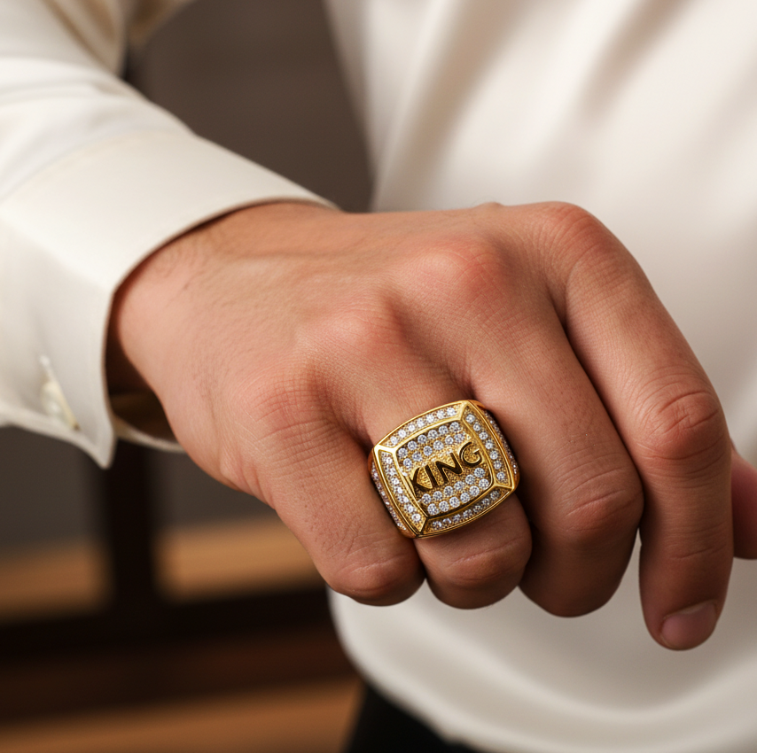 Real Golden Multi Micro Zircon Fadeproof KING Ring | 18K PVD Gold Plated– For Men | Includes: Ring