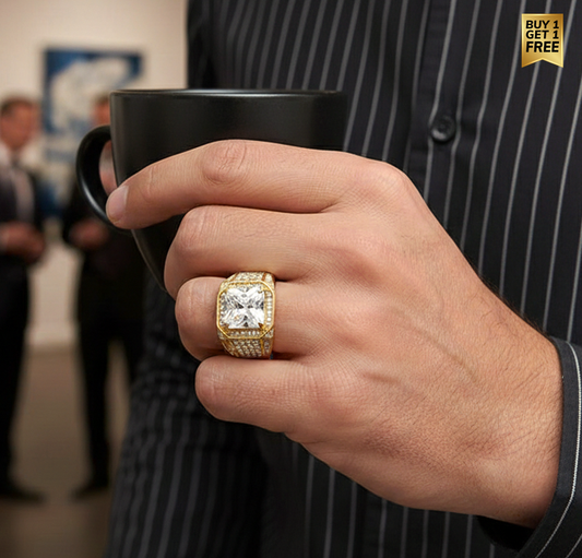 Real Golden Solitire Zircon Fadeproof BOLD Ring | 18K PVD Gold Plated– For Men | Includes: Ring