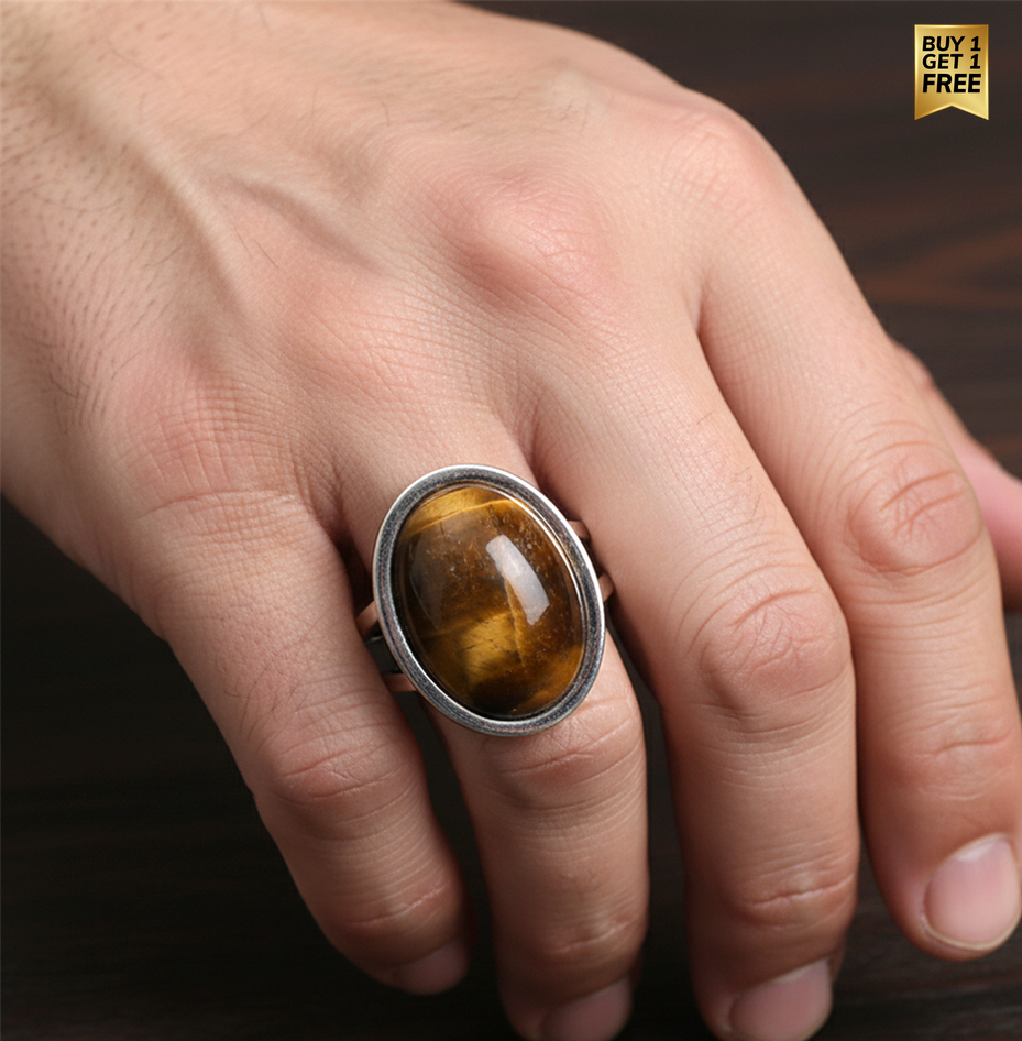 Real Tiger Eye Oval Stone Ring | Fadeproof STEEL– For Men | Includes: Ring