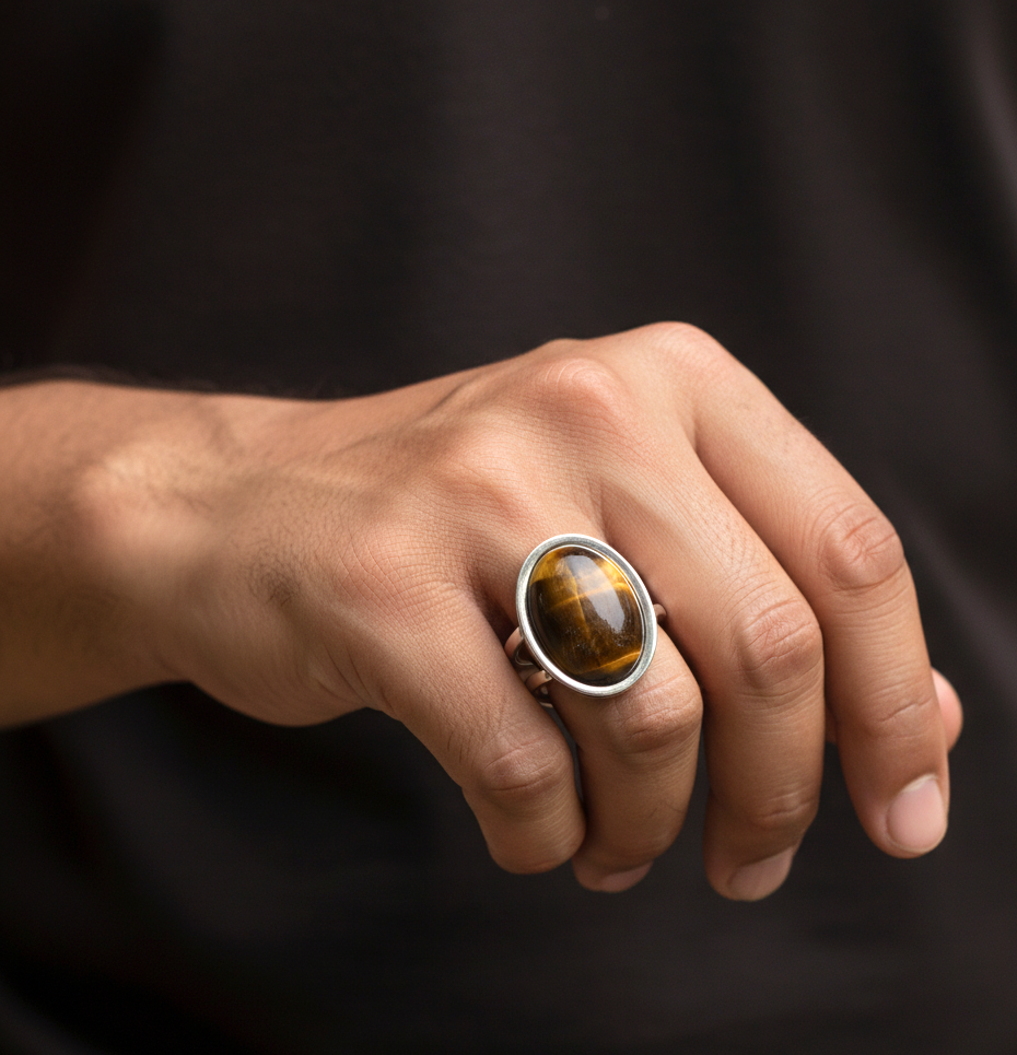 Real Tiger Eye Oval Stone Ring | Fadeproof STEEL– For Men | Includes: Ring