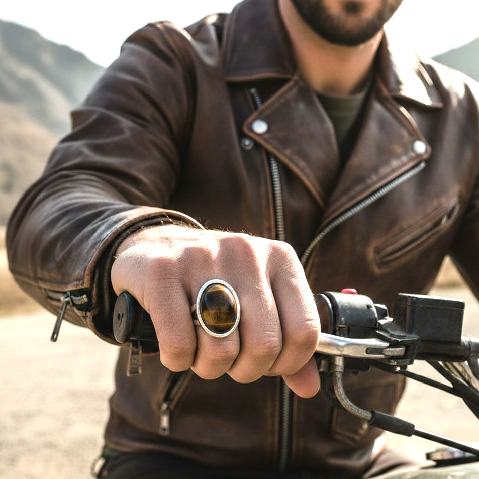 Real Tiger Eye Oval Stone Ring | Fadeproof STEEL– For Men | Includes: Ring